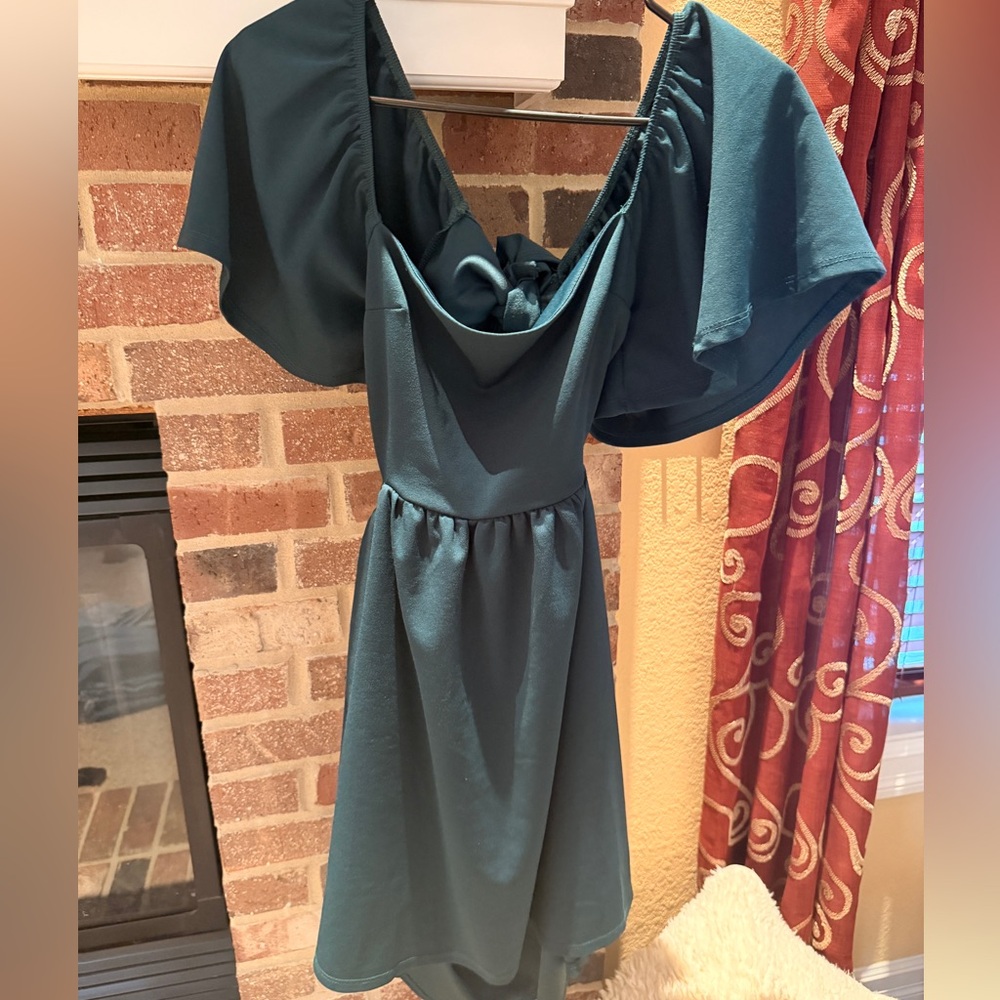 Teal Short Dress with Flutter Sleeves and Tie Back